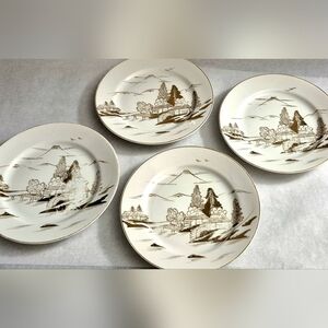 4 KUTANI Fine China Gold Trim, Hand Painted Countrysude Landscape Plates 7.5"